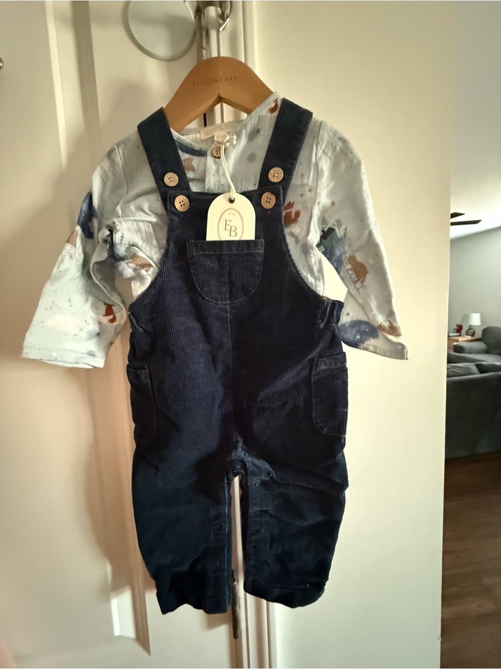 Elegant Baby Navy Blue Corduroy Overalls and Muslin Shirt